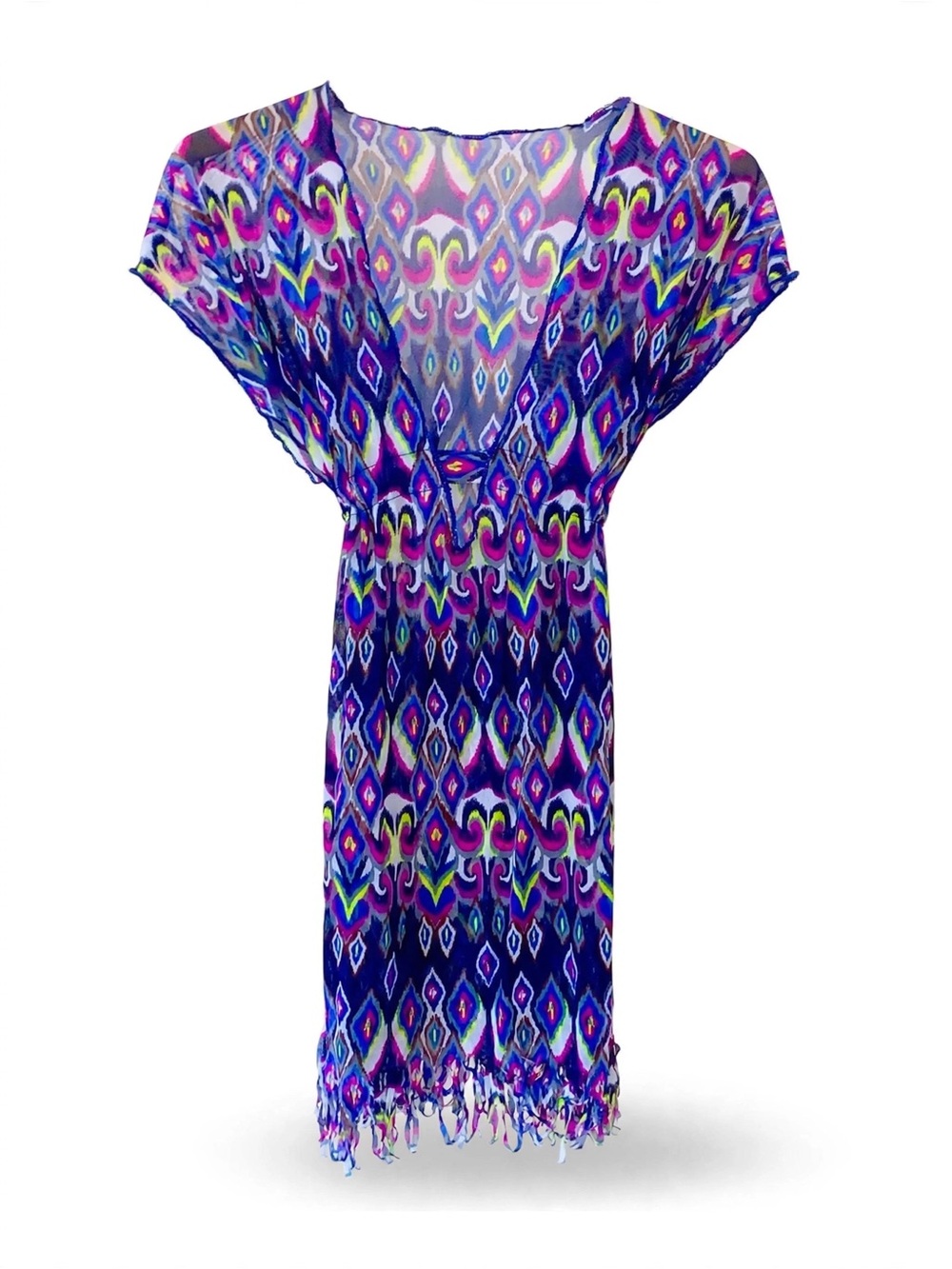 BECCA Blue Multi Mesh Cover Up Mini Dress XS-S Ikat Neon Festival Fringe Y2K